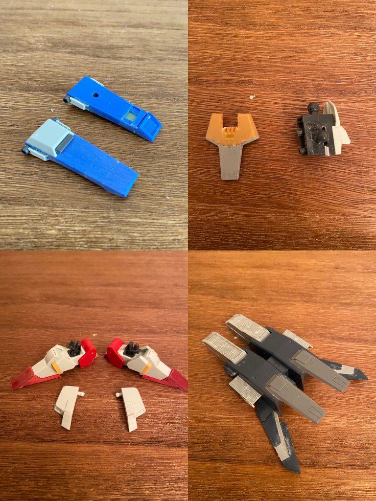 ノーマルなZZを強化型にするための工作過程です。肩のスラスター延長(この画像の後さらに先端を尖らす形で延長)、腰リアアーマーをジャンクから製作、腰フロントアーマー延長、ソールの鋭角化と延長&足首が大きく見えすぎないよう足の甲を短縮、バックパックの各部大型化。画像にはありませんが、このほか脚部背面のスラスターを旧キットから流用、腹部上段をプラ板で形状変更、腕部の垂直翼を旧キットから流用など。