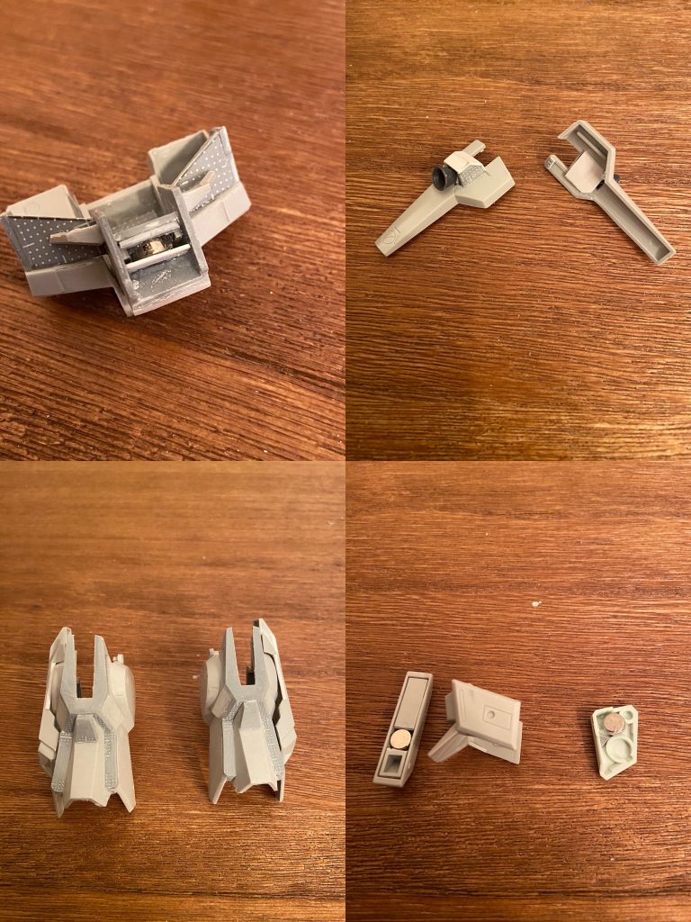 増加装甲の工作は、おもにネオジム磁石の内蔵が中心ですが、前述の通り胴体、脚部装甲は形状から大幅に変更しました。一方、前腕装甲はディテール追加以外全くの無加工です!前腕のウイング基部を装着する穴にピンを差し込むのですが、旧キットの構造をHGUCにも全くそのまま適用できました。全体的に、旧キットの増加装甲パーツがHGUCにサイズ・形状ともによく馴染むことに驚かされました。
