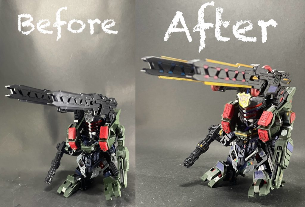 素組みとのビフォーアフター！筆塗りでトップコートすることで、つや消しにしたくないところは塗らずに、メリハリをつけやすかったです😄