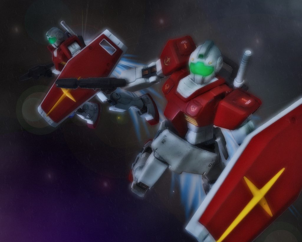 「ブシドー01へ！MSです‼手足が付いてます！」アルファ小隊が確認したのは地球連邦軍量産型MSジムだ。ここ近々で見られるようになったMSで地球でも実戦投入されていると聞く。宇宙でも目撃情報はあり、あのMSとは散発的に戦闘があった。「お前達はとにかくルナツーの宇宙艦ドッグへ行け。私が相手をする」「了解です！」「派手に暴れてやれ!」リック・ドム9機は編隊を組み対艦ミサイルを警戒しながら先を急いだ。「私も連邦のMSは初めてだが手合わせ願おう」キリュウの目つきが先程とは変わる。切れ長の目が更に鋭くなり、彼の中で何かスイッチが入った。ザクはメインスラスターを輝かせ一気にジムと間合いを詰める。