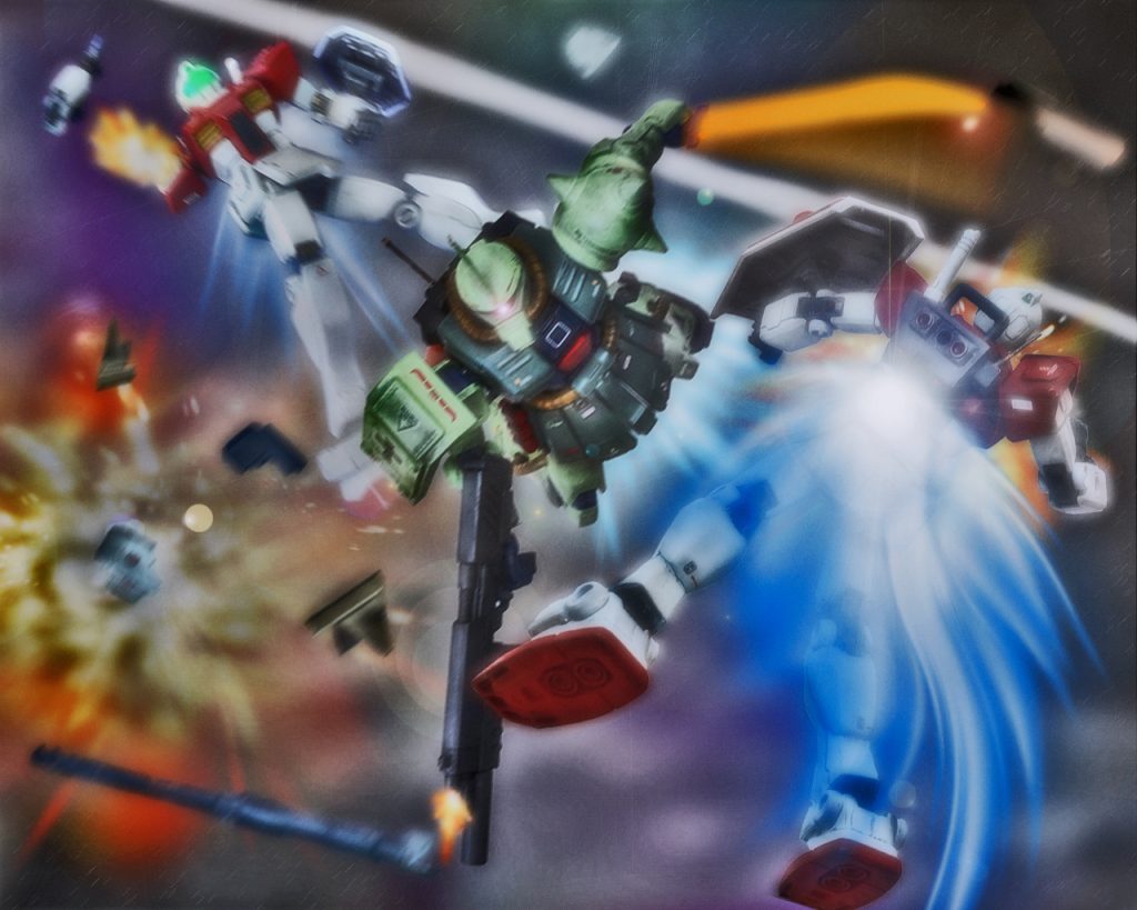 「連邦軍は戦い方を知らんようだなっ!」キリュウは群れるジム達の懐に敢えて飛び込む。ザクの動きに、ジムは一瞬躊躇いがでた。キリュウはジム部隊の中心でヒートサーベルで斬りかかると、距離のある敵機には90mmマシンガンで応戦する。「互いの射線を気にかけろっ!」キリュウは敵部隊の真ん中に陣取る事で、ジム達が互いに射撃をし同士討ちになるのを狙ったのだ。そこをジム達が一瞬行動を躊躇ったので隙が生まれた。この一対多数の戦術でザクは大立ち回りを見せると連邦軍の訓練生パイロット達は震えがった。ジムは次々と薙ぎ倒されD−SIも鉄屑と化す。するとロック・オンアラームがコクピット内に響いた。キリュウは瞬間的に直感が働くと、真下を警戒し回避運動を取るとメガ粒子砲が自分を目掛けて飛んできた。