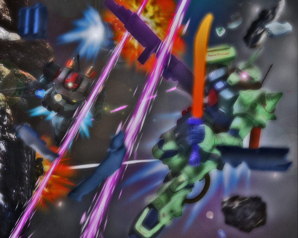 「狙いは良いっ!」メガ粒子砲を避けると、これまでとは違う何かを感じた。「隊長!ご無事で?!」「ああ、少々夢中になり過ぎたようだ」アルファ小隊も付近にいたようでキリュウのザクの動きをフォローしていた。戦闘も激しさを増し周囲には敵機の残骸や基地の外壁等が多く漂い始めている。 「何か来るっ!」