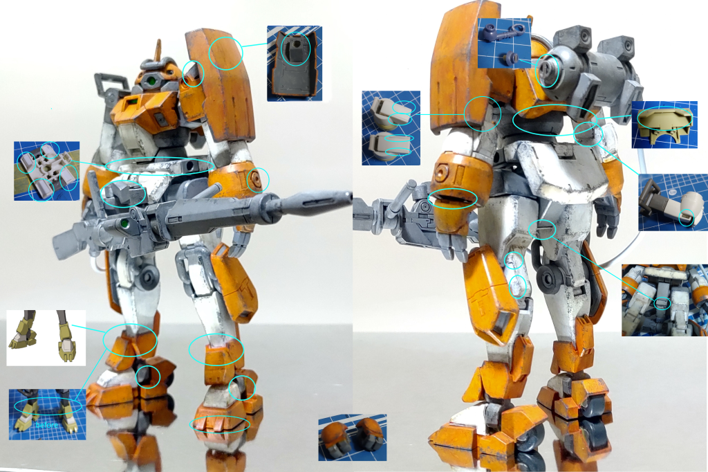 合わせ目は基本的にはありませんが、二の腕の後ろ側に不均等に隙間があいてしまうところがあるので接着して消しました(上の写真の真ん中やや上に置いてる写真)。あとはシールドの受ける部分が丸いのがあんまりだったので四角くプラ板で囲い作成。設定画像と見比べて脛の靴下の上端がベロより上になるように2mmくらい延長(一回言ってみたかった何mm延長フレーズ)。何箇所かドリルで穴をあけ。これも設定画像にはあった後頭部の丸い凹み追加等。背中の水タンクのホースが繋がっていない方の蓋はHGドムの使わなかったバーニアです。股間の穴をプラ板で隠す。デミトレーナーでは武器やシールドの保持用だった腕の3mm穴をスラスターという解釈にして、ランナーで一旦埋めてドリルで2段階に穴あけたんですが、色をどうにかしないとスラスターには見えないですね汗