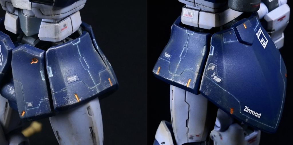 ・腰部のスジボリ＆部分塗装・マイナスモールドっぽい部分はガンダムマーカー（イエローゴールド）で塗装スジボリのラインは製図用コンパスで基準の線を引いて描きました