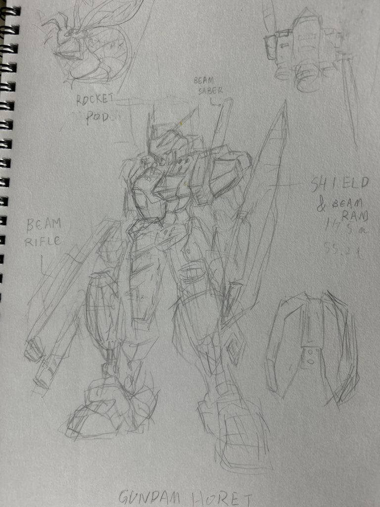 で、言うが早いか早速ラフ(過ぎる)デザイン。作画時間2、3分ぐらいだったかも。そもそも、自分にしか分かるように描いてないのをデザイン画とするのは、如何なんだろう……。正直言って手癖で描きすぎたので、このデザインで行くつもりは全く皆無。というかムリ、であるためニュアンスだけ汲み取って行きました。じゃあ何でコレを載せた?とかツッコミは無しの方向で……。コンセプトはホーネットの名の通りスズメバチ。あとは、宇宙世紀にいてもアナザー時空にいてもわりかし溶け込みそう、ってのは狙いました。それとこの絵以上に極力線を減らす、シンプルに、を念頭に。で、完成したのが↓。個人的にラフデザインを上手い事抽出出来たなと自画自賛してました。