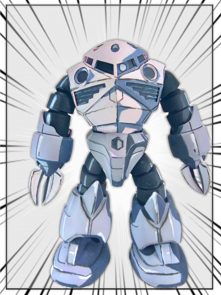 なんか青くなる…！どっから青来た！？なんなら下地からシャア専用ズゴックさんの赤まで滲み出てきよる。さすがシャア。しつこい。青はグレーサフの調色で入ってきてるんですかね。極限にピュアなホワイトとピュアなブラックだけでやればモノクロ感はあがるんだろうか。つやけしで捌ききれなかった光沢や質感もあるのかな。