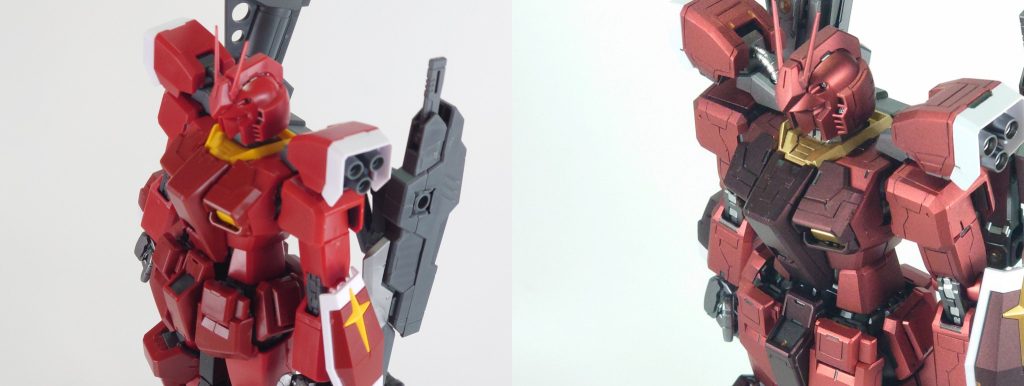 比較２カラーは明るい赤：G プライマリメタリックレッド暗い赤：G プライマリメタリックレッド：ブラック　１：２金：黒下地→G スターブライトゴールド白： G スチールホワイト→G ガラスパールガンメタ G 黒サフ→G フレームメタリック銀 黒下地→G スターブライトシルバー筆塗りによる部分塗装　金：シタデルカラーRetributor Armourガンメタ：アクリジョン 黒：銀　１：２