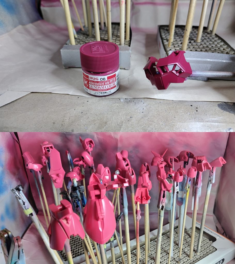 塗装の濃い赤はシャア専用のレッドが同色でした。薄目の赤は専用色であるルナマリアピンクにレッド、オレンジを足して濃いめにしました。エアブラシ塗装にしています。