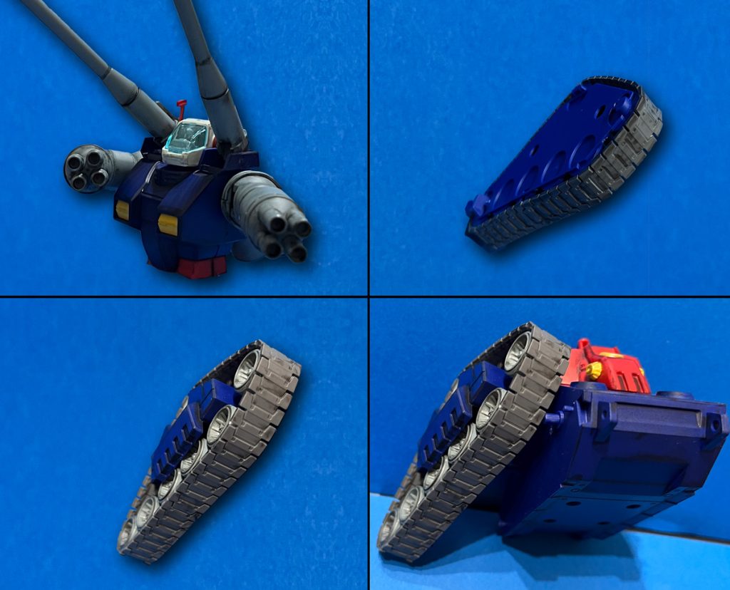 HGUCのガンタンクを、上半身、下半身、左右のキャタピラで個別撮影を行い、躍動感のある作品に仕上げました。