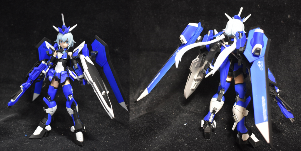 正面と背面から 背中がかなり重たいのとハイヒールでかなり苦しいけどスタンドなしで自立可能配色は趣味で青色にしました