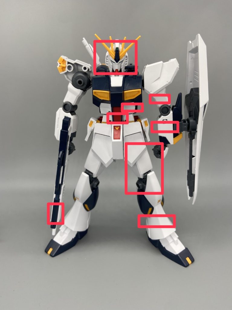 主な改造箇所一覧。大体はノコで間抜いて再度接着、合わせ目消しです。EGは構造が独特なので手探りでした。