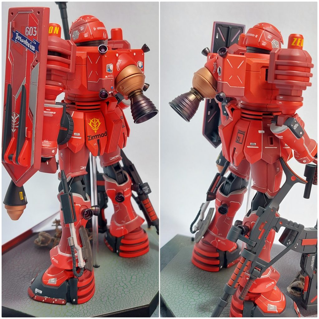 全体的に塗装の塗り分け、バーニアやヒートアクスやマシンガンにも塗り分けや表現を加えてみました。