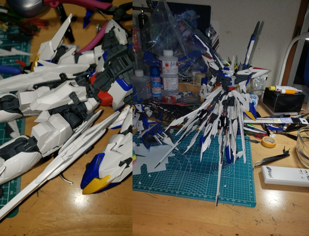 リアスカートのパーツをもなかみたいに挟んで、元々のグレーのパーツをいい感じにカットしてそれっぽくしました。フギン、ムニンとはオーディンの使い魔のワタリガラス。鳥には大抵尾翼みたいなのあるじゃないですか。あれをマニューバストライカーのブースターをちょっといじって表現してみました。