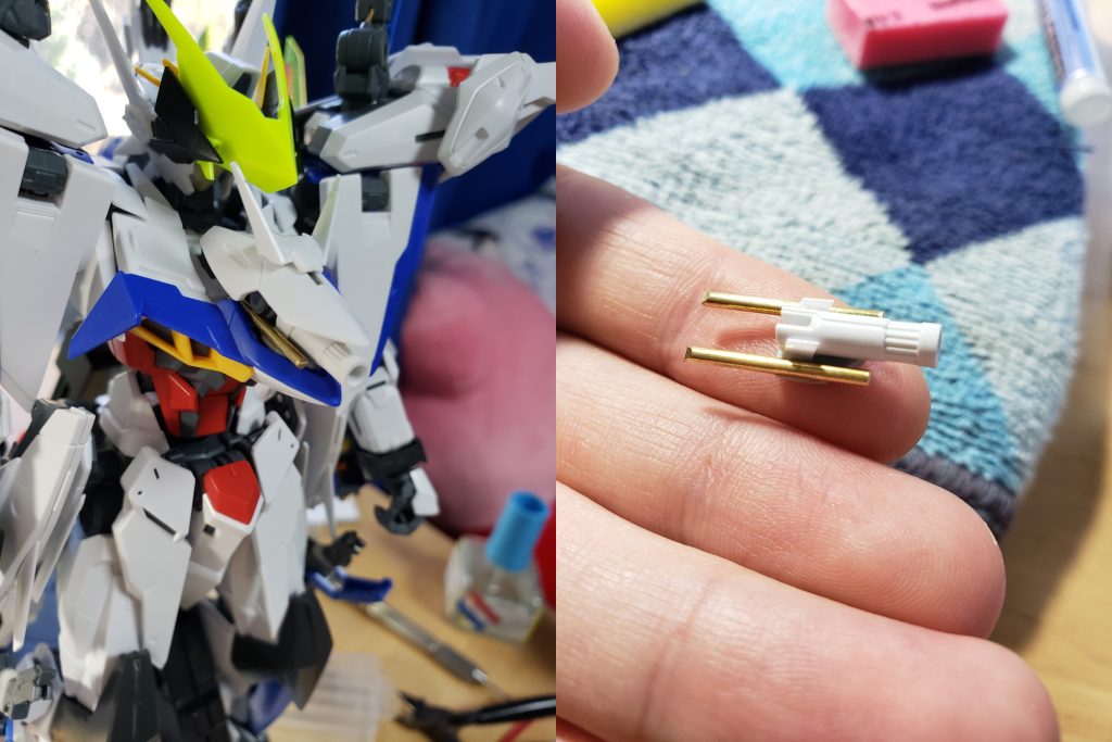 胸のレーザー砲はフリーダム Ver2.0ビームサーベルと真鍮線、プラ板を貼り付けて制作しました。デザインはこの機体の元ネタでもある某戦闘機ゲームのラスボスが持つレーザーですね。