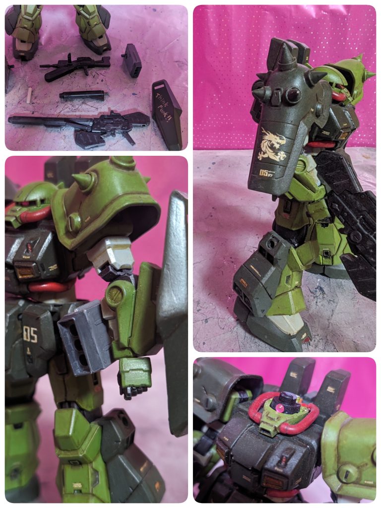 右肩シールドのドラゴンのマーキングは市販デカールを流用しました。武装は○ビームライフル○ビームランチャー○ビームサーベル○ミサイルポッド○オプションシールド腕部と腰部はポリキャップを仕込んで武器をマウント出来るようにしました。なお、ビームランチャーはロングバレルだけでなくショートバレルも取り付け可能です。