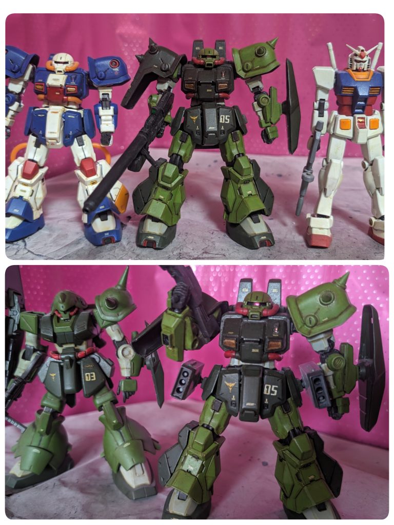 【写真上】HGホビーハイザックと前作の1/144ガンダムとの対比。【写真下】過去作のHGUCマラサイとの対比。