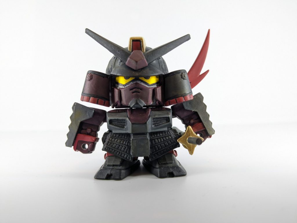 完成後、正面より。ゾンビというか落武者になっちゃったかな💦とはいえいい風合を出せた気がします。装具にはタミヤのウェザリングマスターで劣化やサビ感を加えています。