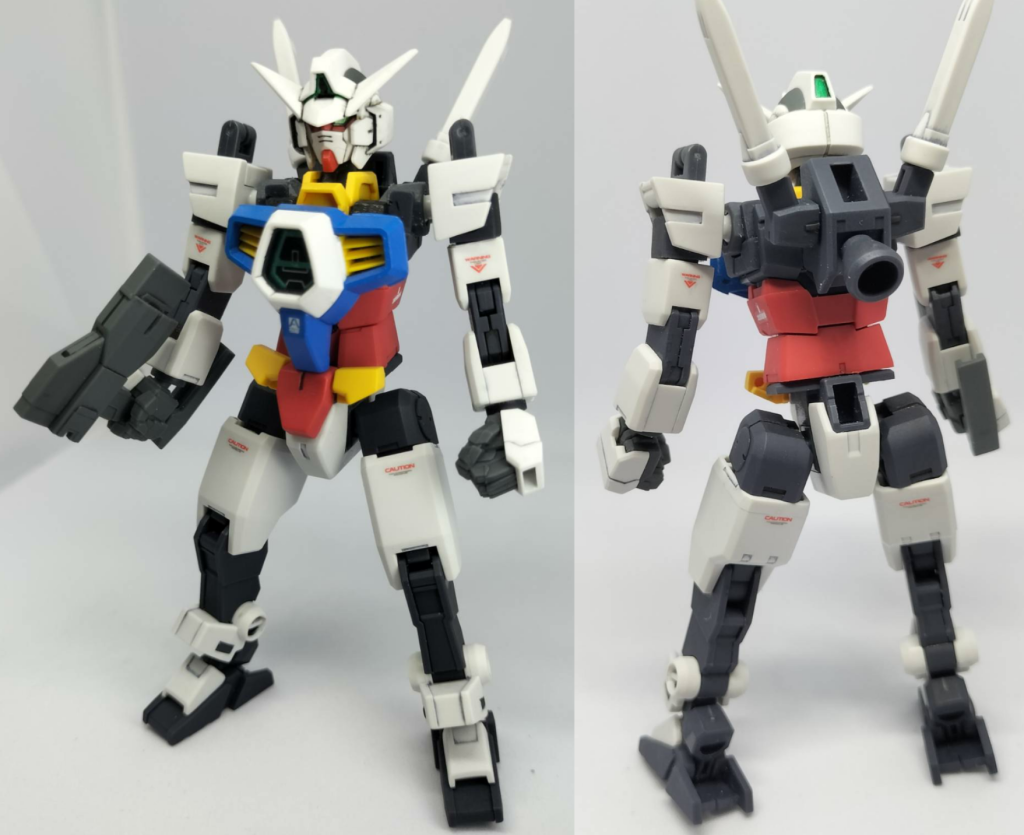 アデルやレイザーを作ると扱いに困るのが余りまくるAGE-1ノーマルのパーツ。うまいこと使えないかなと思ってコアガンダムのアーマーにしてみよう!と思ったのがキッカケで製作を開始しました。まずはコアガンダムの状態から。胸パーツはネオジム磁石で着脱可能にしています。AGEシステムのデータ回収をさらに確実なモノにするために、緊急時にはウェアをパージして単独で活動できる的な設定であります。ブンドドを楽しみたいので、胸パーツ以外は成形色仕上げです。