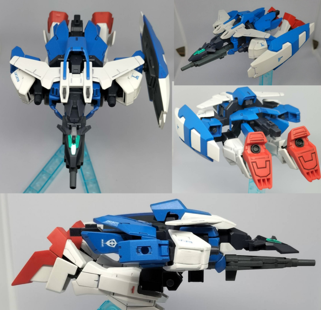 AGE-1ノーマルアーマーで支援戦闘機風になりました。ドッズライフルの銃身部が思いの外デザイン的にしっくりハマったので良いぞ良いぞ。肩アーマーは軸接続なので、受け穴開けて付けていますがポロリ率高めであります。