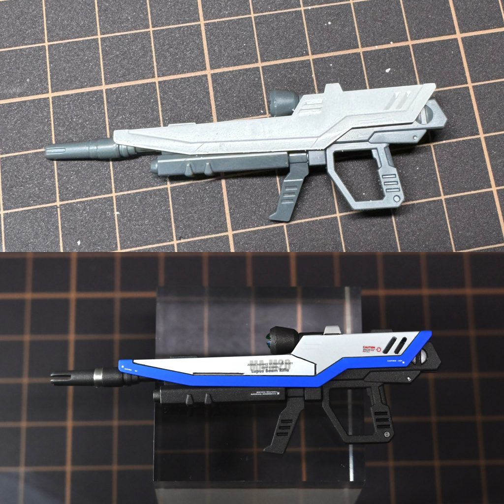 ルプスビームライフル。塗り分け、後部のスリット彫り、先端の開口とチタンフィニッシュでアクセントに。わかりにくいですが、レンズはハイキューパーツさんのVCドームをカットして、本来の形状に揃えています。
