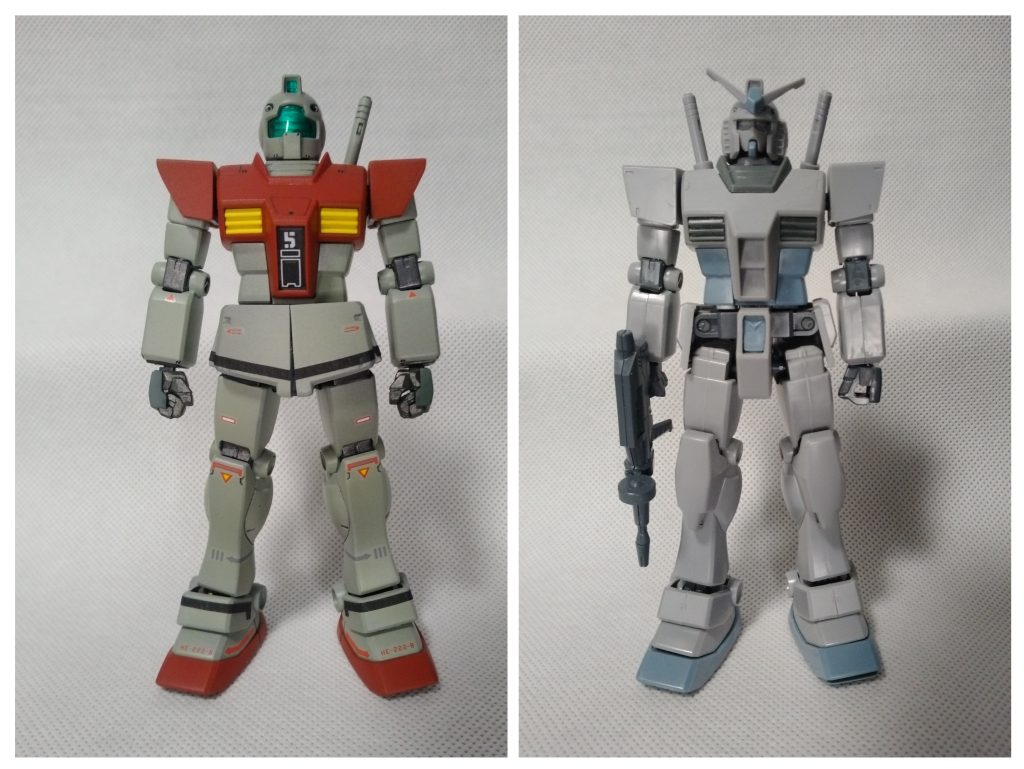 ジムをもう一体買えなかったのでG-3で比較。イラスト寄せ目的でアゴを短く、肩アーマーを鋭角＆分厚く、肘を歪めて腕ラインがRを描くように。