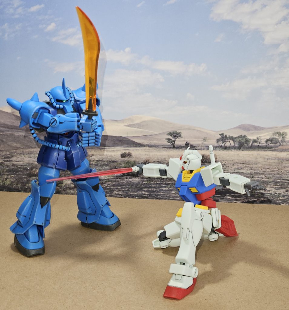 グフのラストシーンですかね……一応ガンダムの高さはグフの腕より低く低くして………ちなみにガンダムはEGで簡単に仕上げてまして、投稿はしてませんがサーベルとハンドは違う機体から拝借しました。