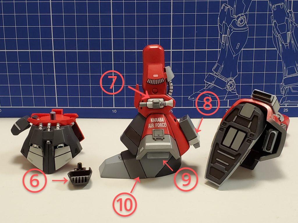 ⑥腰アーマーの内部もスラスターっぽくしたかったのでパーツを取り付けました🎵また、お尻スカート部分はスジ彫りでディテール🆙してます😊⑦脚部左にサーベルホルダーをポリキャプで追加👍⑧脚部裏にはザクIIのミサイルポッドを改修しスラスターを加えて取り付け😊🎶⑨足サイドスラスターをアーマーより露出するように四角プラ棒を内部に入れて埋め、市販パーツのスラスターを追加しました👍✨⑩足の甲にプラ板を加えディテールアップさせてみました~🤩