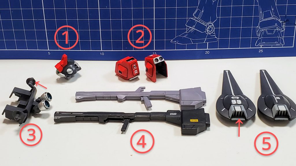 チマチマ行いました今回の改修ポイント~🤩✨①頭部の赤パーツ前部にプラ板を貼り形状🆙②肩アーマーのサイドアーマーを外し、バーニアパーツを取り付け❗肩側面にはプラ板を加えディテール追加を図りました😎✨③ランドセル🎒にはサーベルホルダーにバーニアパーツを加えてます🎵また、左右に取り付けるスラスターバインダーの取り付け位置が上に上がるようにと連結パーツを左右逆に付けてます😅💦これは判りにくいかもしれません😢④『クレイバズーカ・ロング化計画』❕通常のクレイバズーカは短くて抱え込むのも肩に担ぐのも難しいので長くしました👍✨詳細は後程~😊🎵⑤スラスターバインダーのエンジン内部が造形無しだったのでパーツでディテール追加です✨