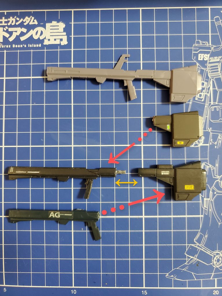 『クレイバズーカ・ロング化計画』これには付属のバズーカとリバイブ版百式のバズーカを使用してロングサイズにさせました🎵前部分にはグリップが可動する百式のものを使用😊✨連結には太めのポリキャプのランナーを通して接続してます👍このロング改修により抱え込んだり、肩に乗せて構える事も容易になりました~🤩アクションシーンの多い私のガンプラには必須の改修作業でした😔✨