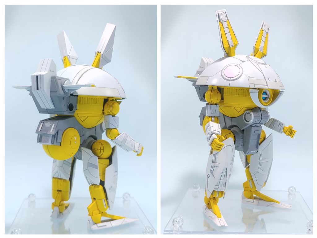 LEDsenさんの制作を参考にスタイルは、ほぼ同じです。ディテール部分は、自分の技術の無さもあって、アレンジしてます。カラーリングは、白/ピンクにするつもりが、たまたまウサギの格好した岡村ほまれちゃんのアクスタがあったので、メンカラのデイジーにしました。