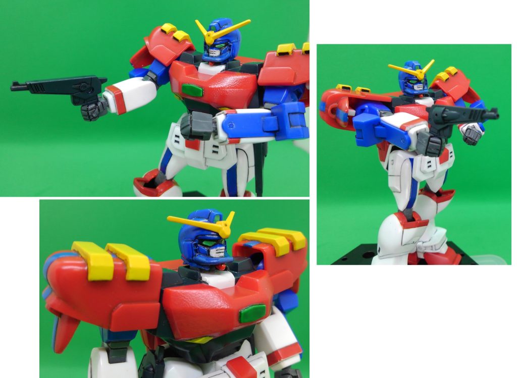 ギガンティックマグナムはドリルで開口して墨入れしたのみ。本体と違う色に変えた方が良いのかしらと思いましたが、本編を見ても同じ色に見えましたので、成型色のままで良しとしました。手持ちモードが右手用しか付属していないため、ただいま左手用を作成中です。銃用の持ち手も、別途用意しようと考えております。胸のクリスタルをどうすべきかは、とても悩みました。そもそもアレどういうパーツなのだろうと。最終的に、タミヤのスプレーのライトグリーンを吹いてからエナメルのクリアグリーンを塗り重ねる形にしました。ムラが残ってしまい、いずれリベンジしたいところです。ところでクリアグリーンの缶スプレーはどうして存在しないのでしょうか?