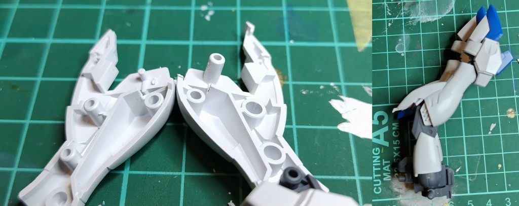 膝可動域を拡大できそうだったので、ひざが曲がったところで突き当たる壁をけずり、可動域を少し広げました。他、今回の製作ポイントありますが、ジャスティスのほうでも掲示します。