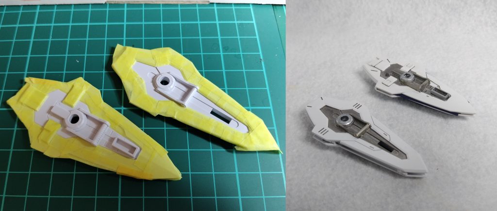 両体ともかなり良くできているキットでディテールは今までのHG以上。なので、細かいところの塗分けをすることでよりリアルになると思い頑張りました。シールドの裏は真っ白なのでマスキングしてグレーのメタリック塗装。持ち手、ジョイント部をエナメルのシルバーやチタンで塗分けをしました。