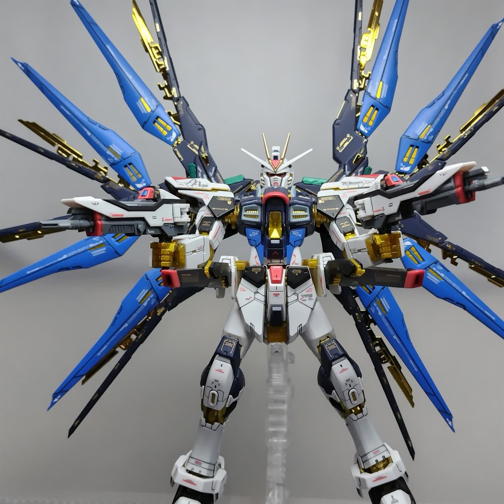 金の内部フレーム部分は光沢クリアーで、外装部分にはつや消しクリアーを吹き光沢部を引き立てられるよう意識しました。部分的に黒塗装を施しアシタのデカールを使い情報を強調。