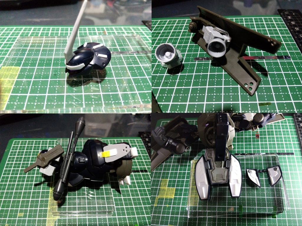 いろいろと手を加えました。頭部はブレードアンテナ作成、ひさし部を追加し、モノアイ化。写真に写ってませんが、モノアイはちょっとだけ左右に動きます。シールド内のバーニアはビルダーズパーツを使ってます。ビームライフルを差し込む溝を活用して、脱着できるようになっています。脚部は各武装の取り付け。ビームトーチとビームライフルのエネルギーパックはネオジム磁石で付くように仕込みました。あまり見えませんが、フロント/リヤスカートの裏打ち作成。