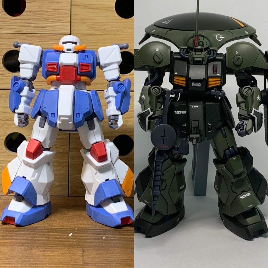 太もも、胸ダクト、前腕、コクピット、脚部の増設バーニア部などがホビー→素ハイザック への主な変更点です。