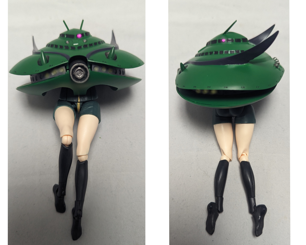 前、後ろから…コレは思わずグラハム・エーカーですらガンダムの代わりに抱きしめたくなっちゃうレベルで可憐な美少女ですね(白目)ビグザムといえばガンダム界でも屈指の美脚の持ち主だと思いますのでとにかく自慢の美脚が映えるように作ってみました。主な使用キットは旧キットのビグザム、足は美脚キャラという事でフィギュアライズスタンダードのミオリネさんを使用してます。