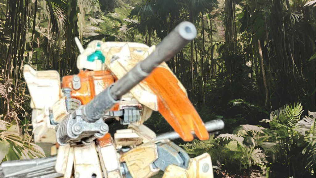 主に背景はAI生成。陸戦型ジムは陸戦型ガンダムの生産ラインを利用して50機ほど生産されたとあるものの一年戦争後に後発のジムシリーズに押される形で生産をストップしかし、戦後の復興や経済的なダメージやティターンズの台頭で優先的に新型MSや物資が回されるようになったため一部の連邦軍基地では耐用年数が過ぎてもなお、共食い整備でなんとか他の旧式MSと共に運用されている。という妄想設定で作成したためサビや純正品じゃないパーツが使われるなどを表現しています。