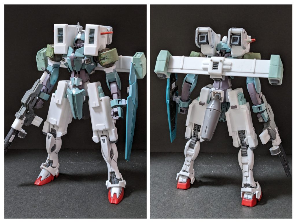 塗装前。基本はハインドリーですが、肩はリーオー、膝から下はF91(小さくて可動域が広くて優秀でした)、太腿・頭部横の大型ダクト・ウィングは概ねプラ板・プラ棒でのスクラッチです。エアリーズもそうですが、ビルゴやらキャンサーやらWの量産機がもっとプラモ化されることを願っています。