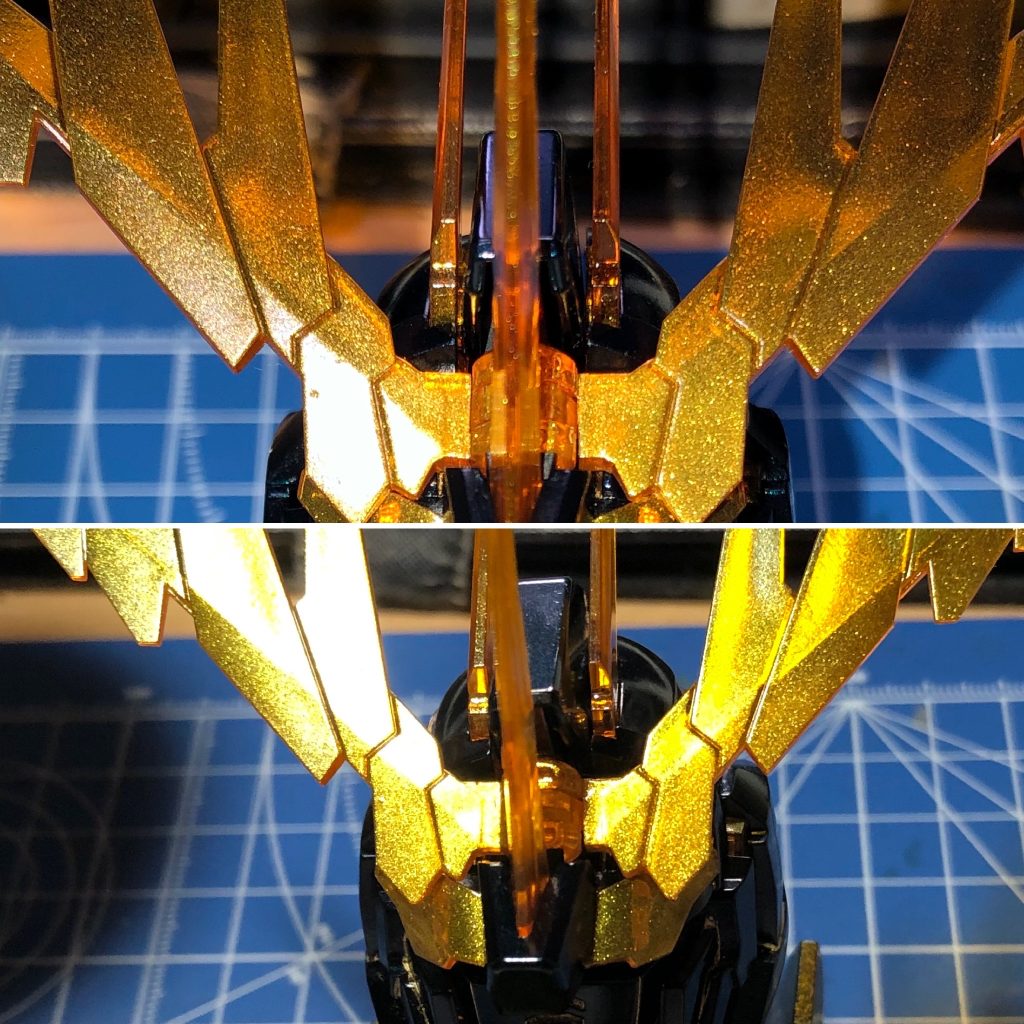 クレオスのウルトラゴールドでラメ感?を演出してみました。薄く吹き重ねて様子見しながらクリアパーツの透明感を無くさないように気をつけました。光の当たり具合で顕著なギラつき感出たので個人的に満足