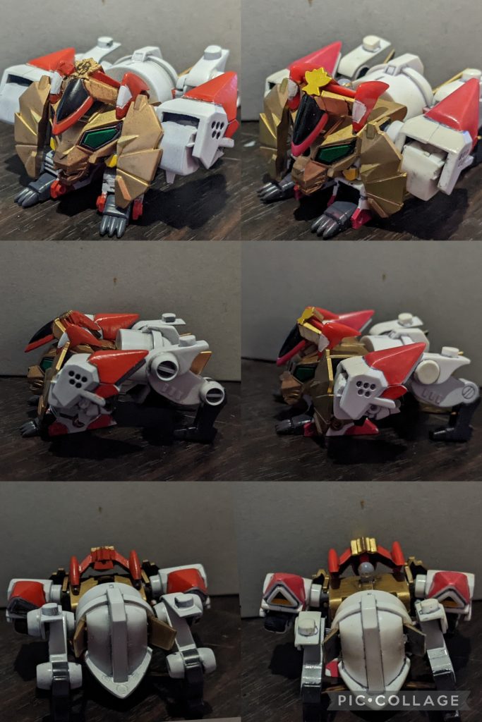 続いてライオファイター！！ライオファイター時の頭部のちーびーフレームのボールが気になるので、頭部は背中へ倒せるようにしました。胸の穴も気になるので、穴無しで胸のアーマーの脱着が出来るようにしてあります。