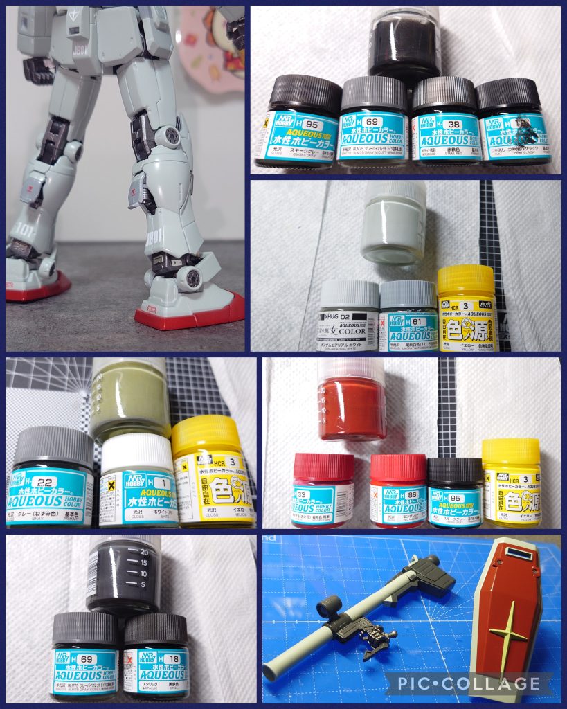 調色。用意した塗料です。見ての通り、各色グレー系で彩度を落としつつ、色の源イエローで全体的に黄色味がかったカラーリングにしました。用意したイエローは単体で見るとかなりくすんでいて、やや緑っぽく感じたので少々不安でしたが、シールドの仕上がり具合いなど、他の色と組み合わさるとそこまで違和感がなく安心しました。その他、後頭部やサイドアーマー、ふくらはぎ部分は濃いめのグレーで塗り分けてみました。ちょっとしたアクセントになったかなぁと思います。