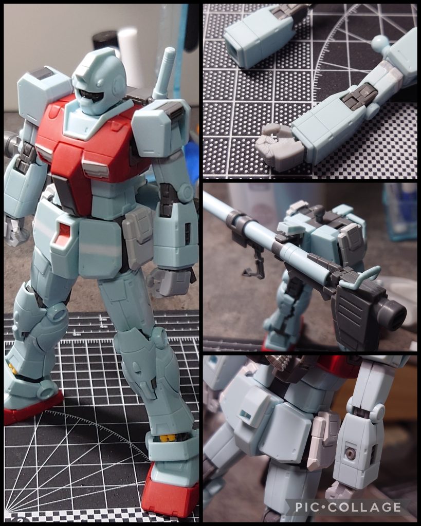 延長箇所をヤスリつつ、全体に馴染むように調整していきます。胸部ダクトは元のパーツと微妙に形状(角度)が異なるのでプラ板や瞬着パテを使い微調整しました。前腕に新規スジボリ、上腕は段落ちモールド化をおこないました。腰部背面はバズーカマウントのためのネオジム磁石を使用しつつ、カバー用のパーツも用意しました。なお、このパーツは元々サイドアーマーのパーツ(横浜高機動型ガンダムのサイドアーマーに置き換えたので余剰となったパーツ)を切り出して加工したものとなります😆