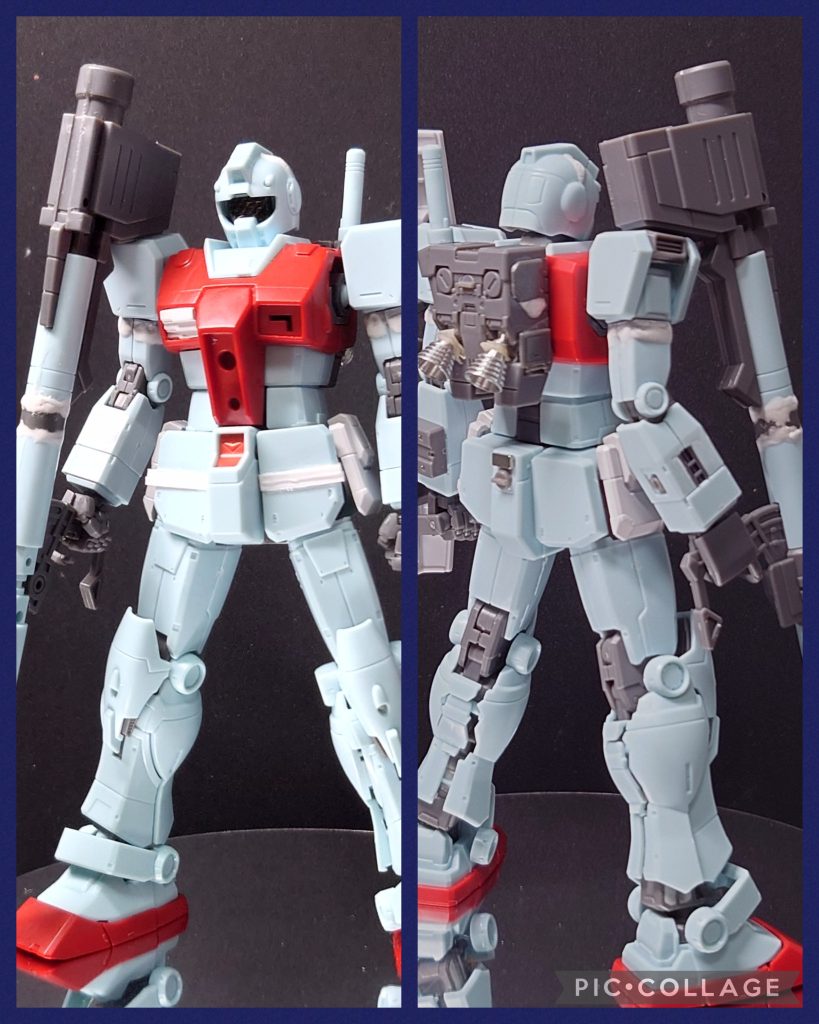 延長工作して仮組みです。・腕2mm・脚3mm(太腿軸1mm+足首2mm)・前アーマー2.4mm・バズーカ砲身4mmそれぞれ延長しています。