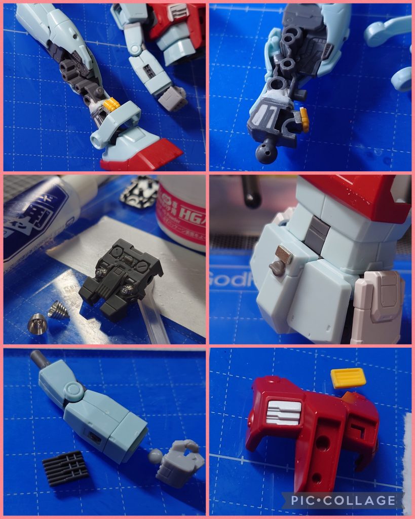 延長工作で色々考えているうちにマスターアーカイブのジャブロー守備隊の沼?にハマってディテールアップの方向性やカラーリングなど、完成イメージのアップデートが行われました。足首延長とシリンダー追加スラスターノズル(2基)メタルパーツ化腰部背面まわりディテールアップサイドアーマーパーツ変更腕側面に接続基部ディテール追加胸部ダクトのパーツ変更※サイドアーマーと胸部ダクトは横浜高機動型ガンダムの余剰パーツを使用しました。