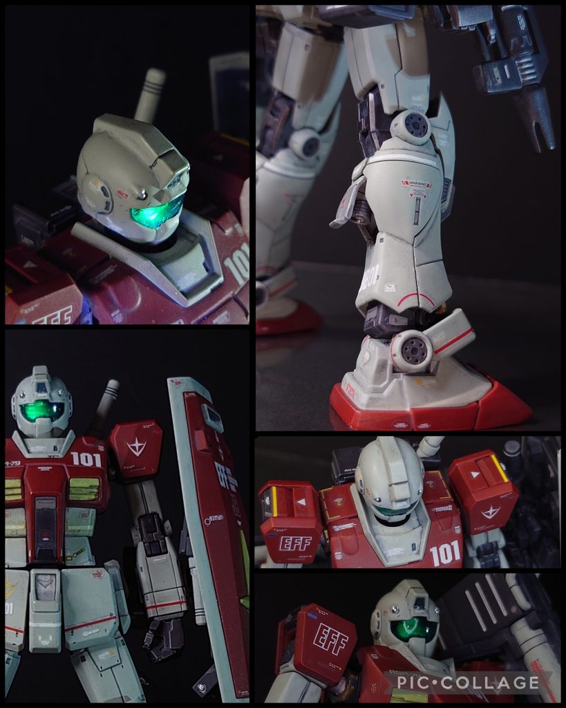 頭部や足元アップなど。口まわりのディテールは埋めたり削ったりして素ジムに近づけています。バイザー内部はエナメル蛍光塗料を使用し、バイザー部分(クリアパーツ)は裏からうっすらスモークグレーを塗装しています。※バイザー表面だけは光沢クリアー仕上げです足まわりは足首を延長しつつシリンダー的なディテールやエッチングパーツを使用し、円形の赤いラインデカールとあわせ特にこだわって工作したのでお気に入りポイントです。その他、スジボリは全体の彫り直しと新規は両腕まわりくらいに留めています。