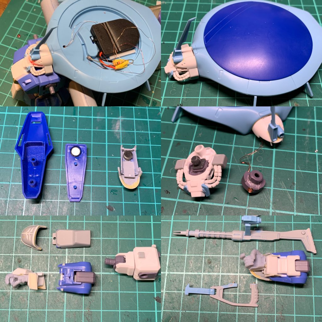 電池は後頭部に入ってます。シールドは100均のマグネットでくっつくようになっています。マシンガンは手首を通すようにしています。