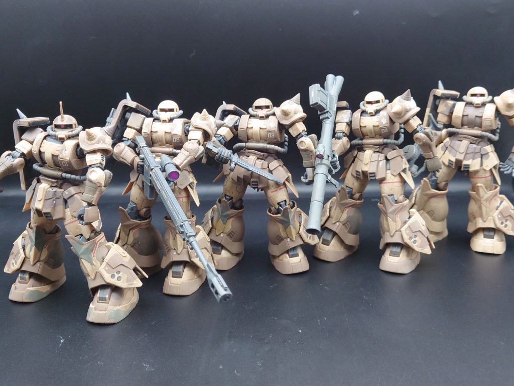 エグバ、ウォルド、セルマ、サンホ、ダナン機プレバンから、全機出るのを聞いてフルコンプ目指しましたが、流石に全機の迷彩をエアブラシ塗装するのは厳しいので、成形色仕上げのウェザリングカラーウオッシングにしました(笑)