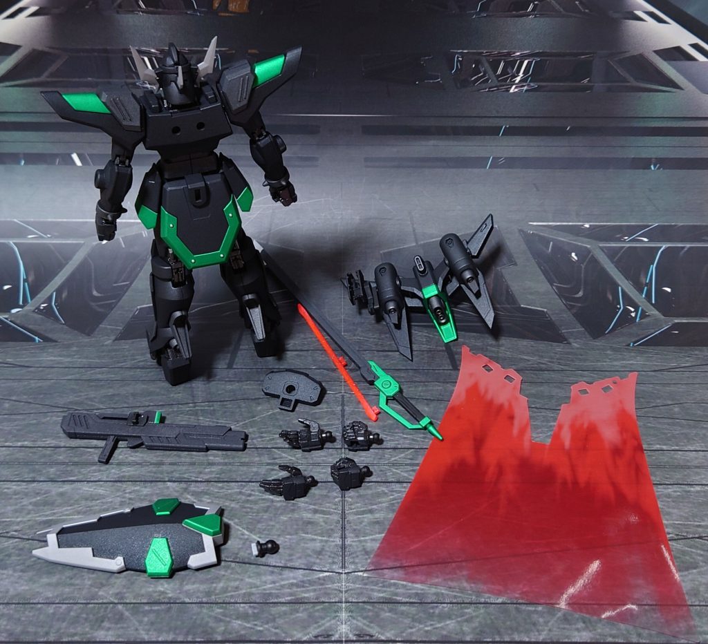 付属品一式。■塗装レシピ黒:黒サフ→メタリックブラック→つや消し緑:黒サフ→シルバーリーフ→メタリックグリーン→つや消しグレー:黒サフ→ブライトガンメタル→つや消し銀:黒サフ→シルバーリーフ→つや消し関節類グレー:黒サフ→ガンメタル→光沢バックパックグレー:黒サフ→ガンメタル→つや消し対艦刀ラック、ジョイント類:黒サフ武器類黒:黒サフ→MSグレー連邦系→つや消しビーム刃エフェクト:中央にメタリックレッド→外側にベースホワイト→全体に蛍光レッドその他部分塗装、墨入れ:ガンダムマーカー各種→つや消し