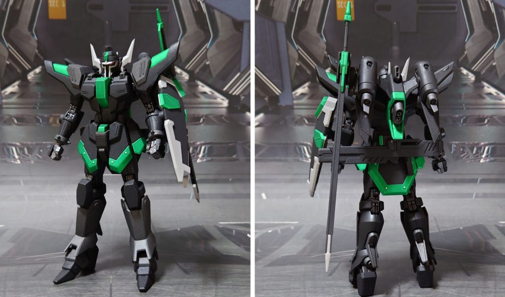 グリフィン・アルバレスト専用機、通称“エメラルド”の前後ろ。工作は、ゲート痕処理、パーティングライン・段ズレ・ヒケの対処、面出し、市販パーツ貼り付け・埋め込みによるディティールアップを実施。手首を30MMのオプションセットに差し替え、武器持ち手・握り手・平手を用意しました。カラーリングについては好みで少し変更、色分けを減らしつつ個性を少し足してみました。